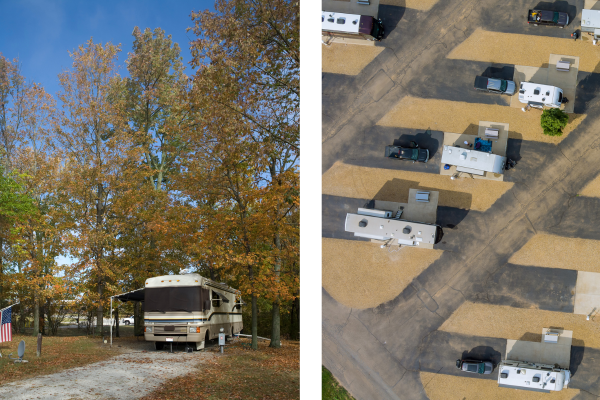 Comparison of outdated vs. modern RV park, showing why staying ahead of future local marketing trends matters for guest attraction and trust.